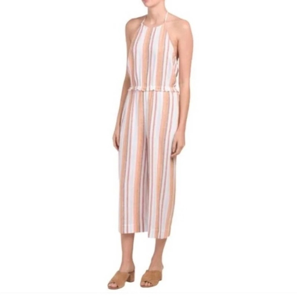 Cloth & Stone Orange Stripe Halter Jumpsuit Small Linen Blend‎ Anthropologie